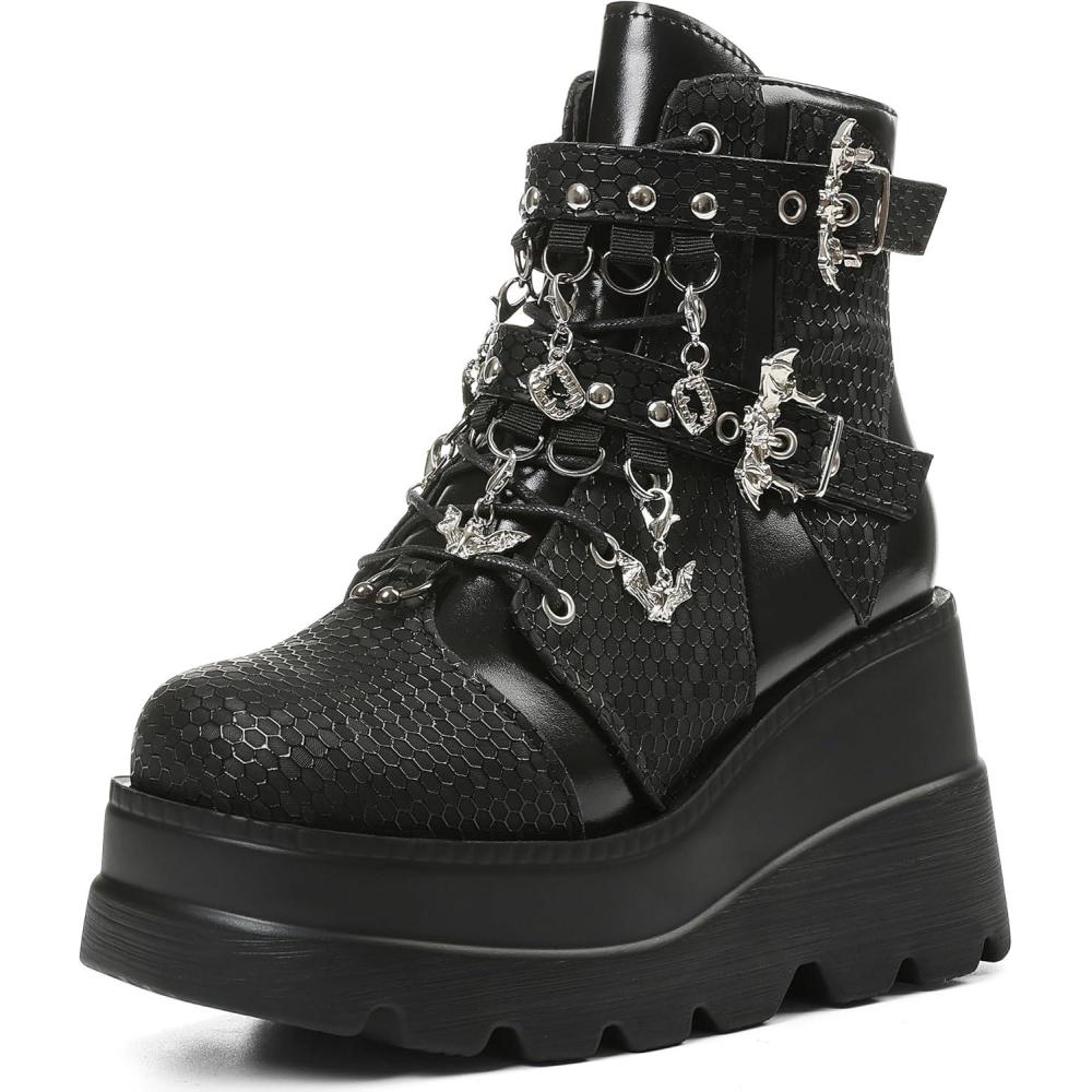 imageTscoyuki Goth Platform Ankle Boots for Women  Bat Buckle Straps Rave Boots Zip Round Toe Combat Boots Womens Chunky Wedges High Heels Moto BootiesBlack