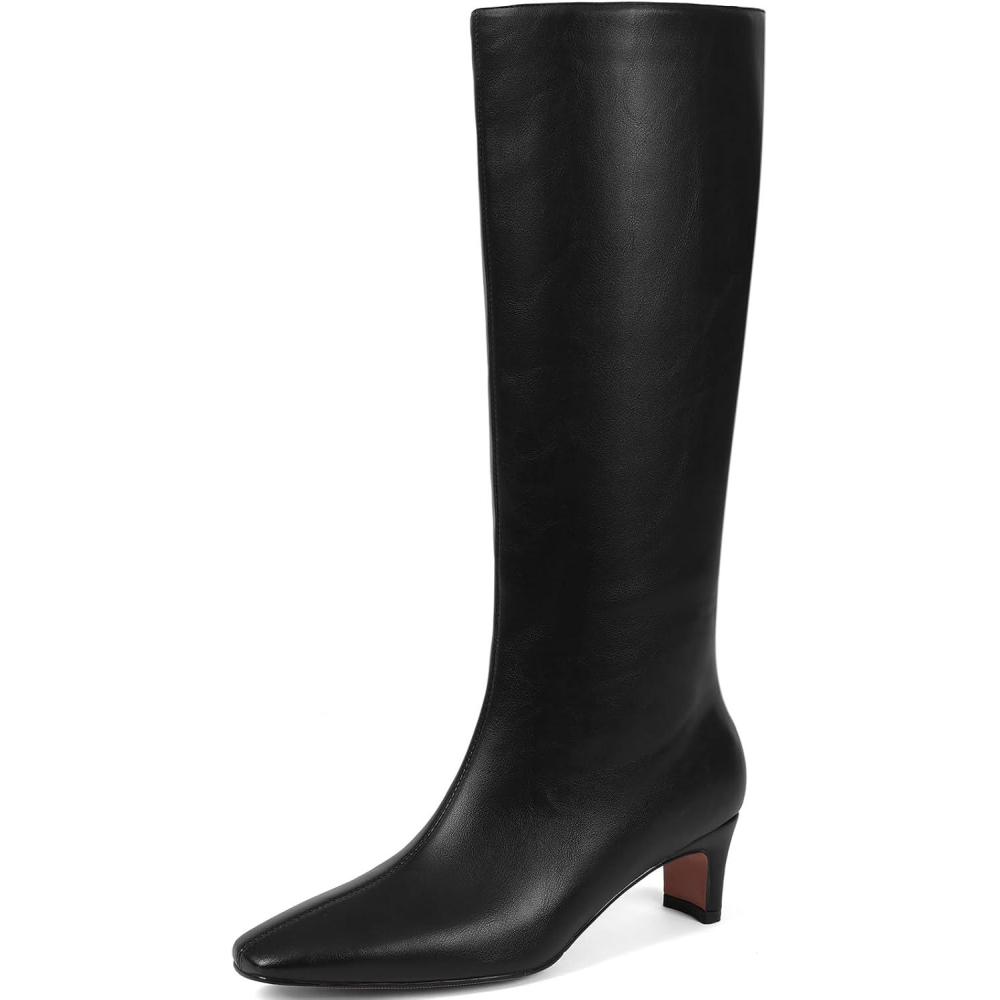imageTscoyuki Knee High Boots for Women Kitten Low Heel Square Toe Tall Boots Side Zipper Vegan Leather Heeled Long Fall Boots for Office Dating Party Work TrendyBlack