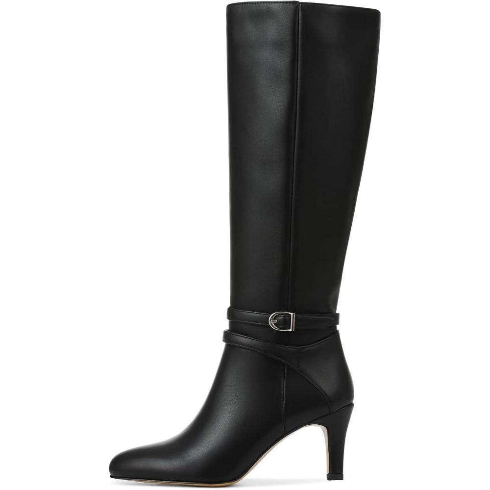 imageTscoyuki Knee High Boots for Women Kitten Low Heel Square Toe Tall Boots Side Zipper Vegan Leather Heeled Long Fall Boots for Office Dating Party Work TrendyBuckle Black
