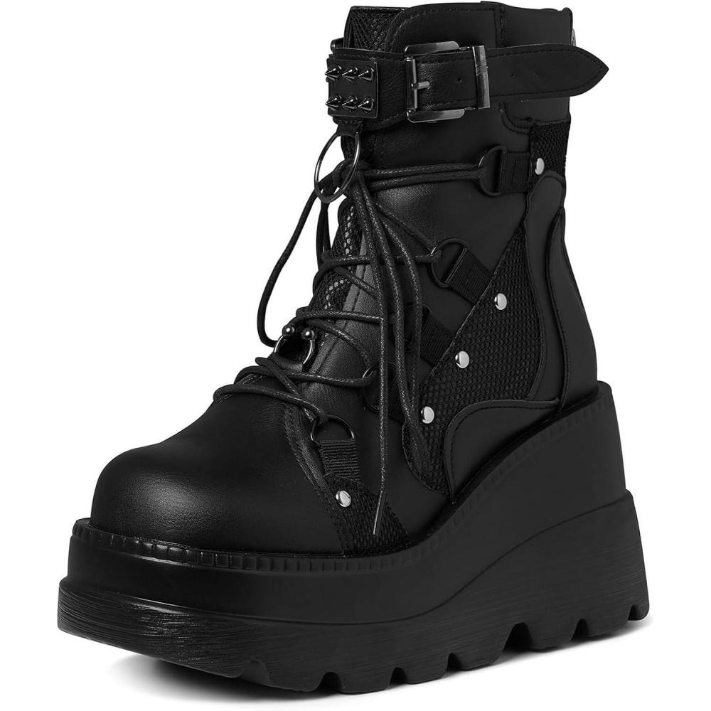 imageTscoyuki Platform Ankle Boots for Women Chunky High Heel Booties Goth Round Toe Combat Boots Women Lace Up Motorcycle Wedges1black