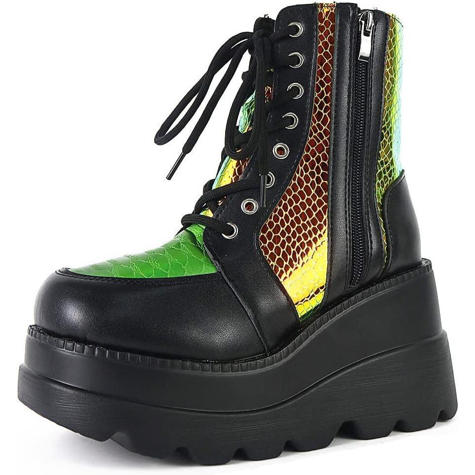 imageTscoyuki Platform Ankle Boots for Women Chunky High Heel Booties Goth Round Toe Combat Boots Women Lace Up Motorcycle Wedges3black