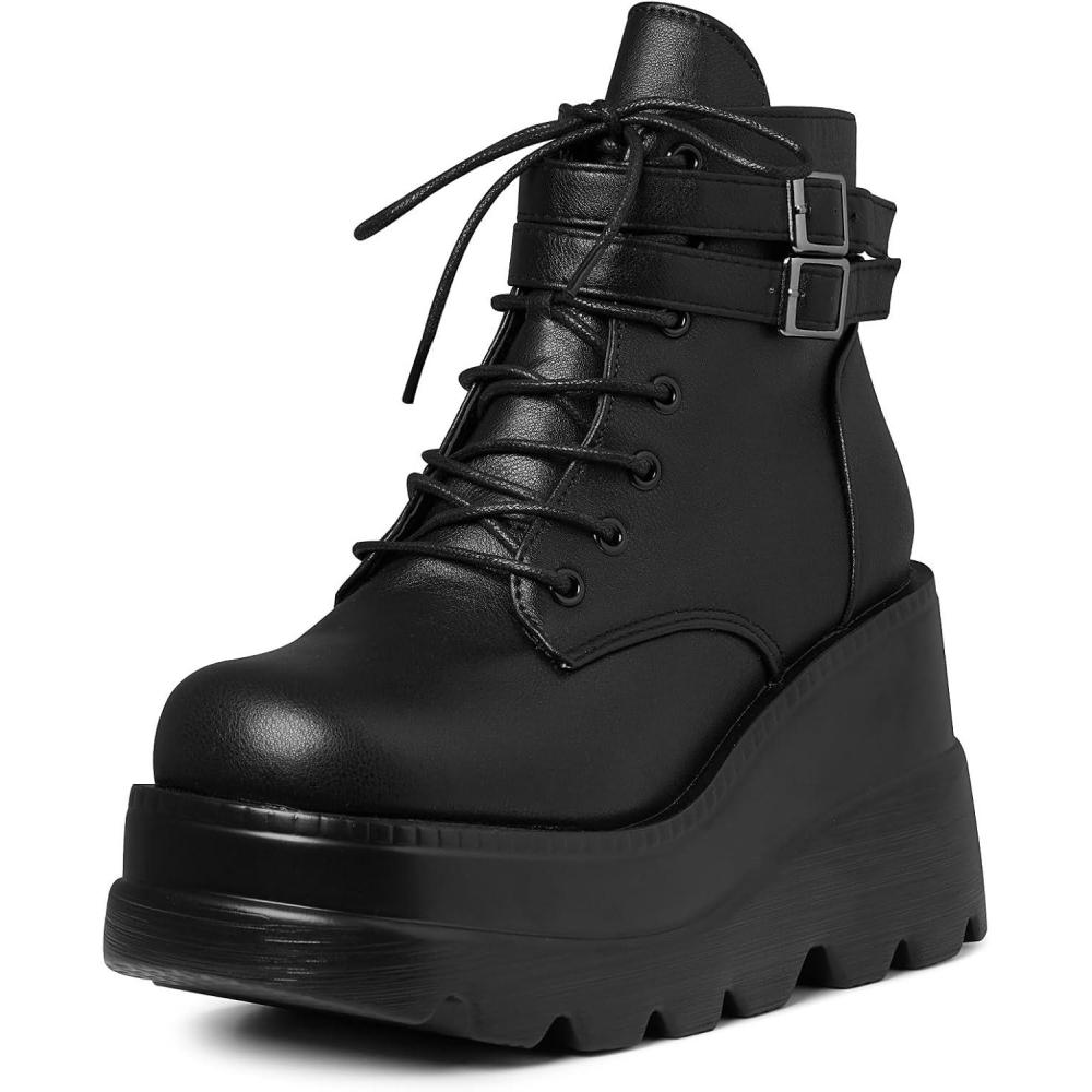imageTscoyuki Platform Ankle Boots for Women Chunky High Heel Booties Goth Round Toe Combat Boots Women Lace Up Motorcycle Wedges4black