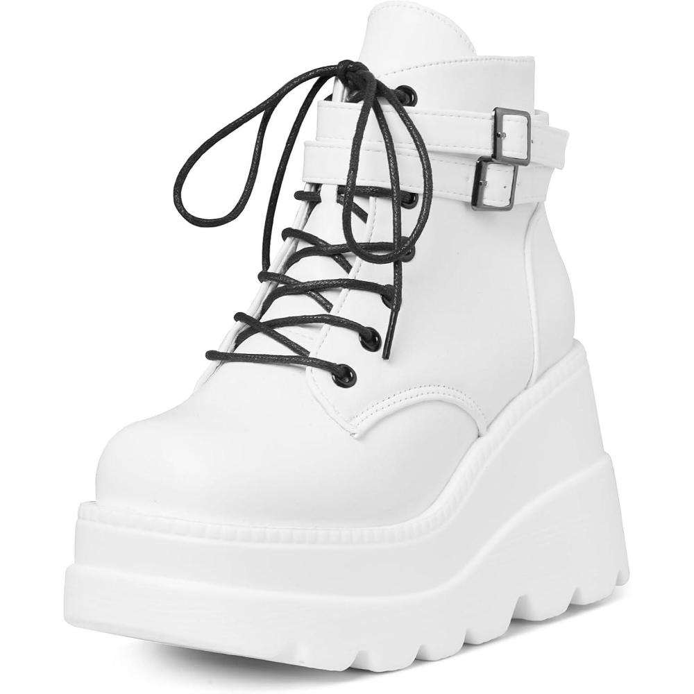 imageTscoyuki Platform Ankle Boots for Women Chunky High Heel Booties Goth Round Toe Combat Boots Women Lace Up Motorcycle Wedges4white