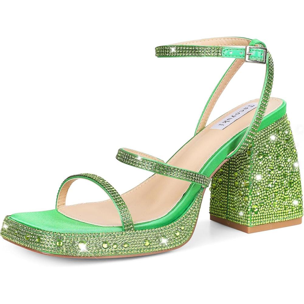 imageTscoyuki Platform Heels for Women Sparkly Rhinestone Strappy Heels Sandals Chunky Heel Ankle Strap Square Open Toe Y2K Dress Shoes for Wedding Party Evening DanceGreen Rhinestones