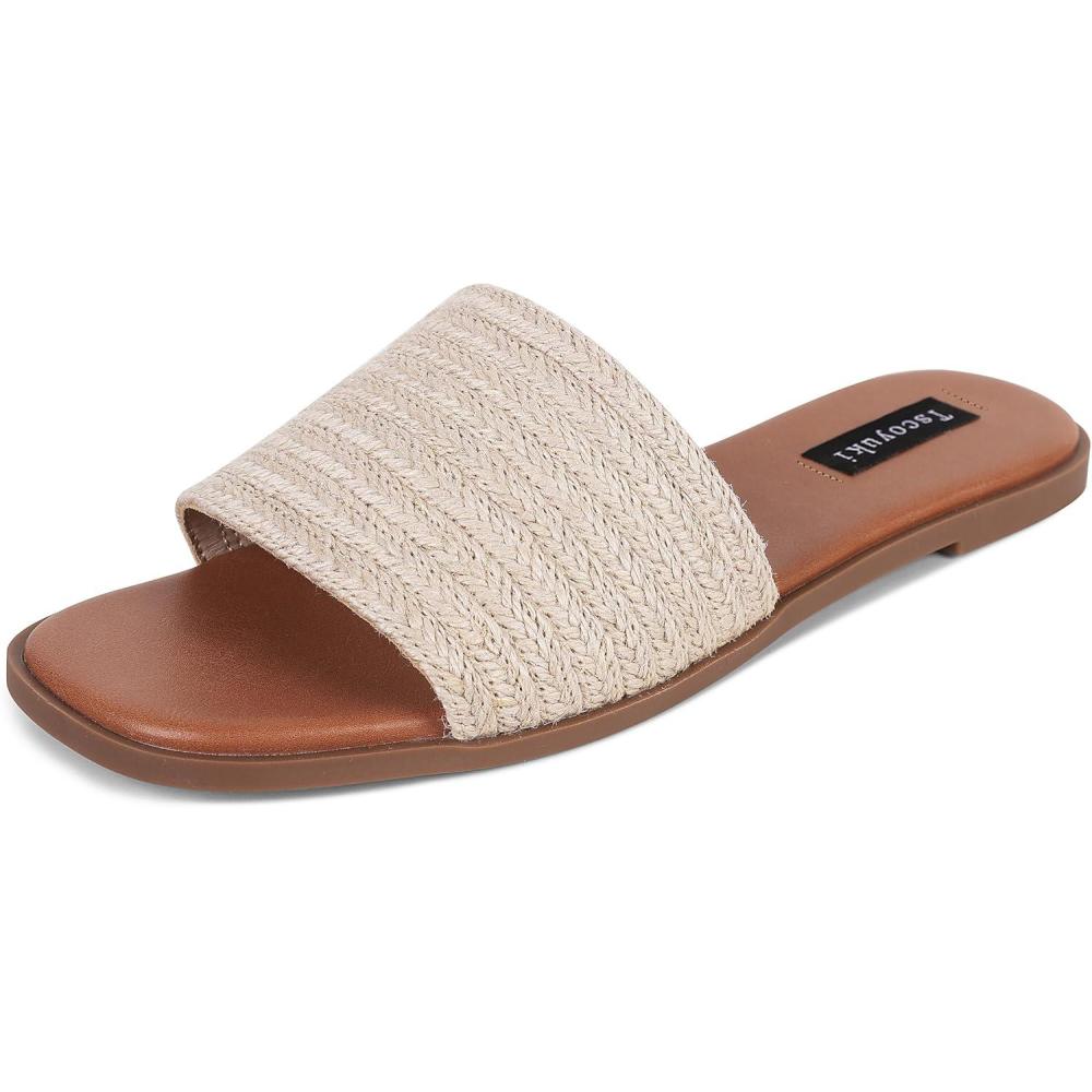 imageTscoyuki Slides Sandals for Women Basic Slip On Flat Sandals Open Toe Comfort Beach Sandals Slippers for Casual Dressy SummerNatural Raffia