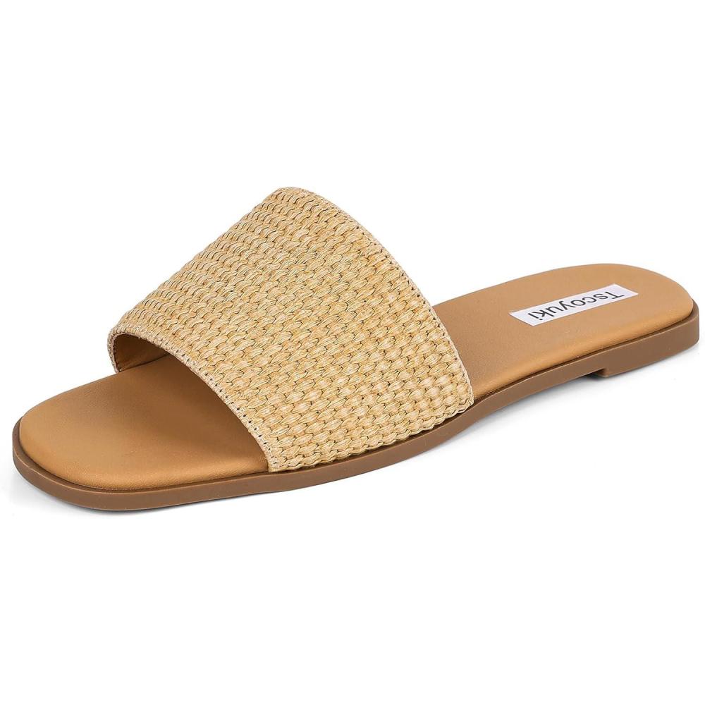 imageTscoyuki Slides Sandals for Women Basic Slip On Flat Sandals Open Toe Comfort Beach Sandals Slippers for Casual Dressy SummerTan Raffia
