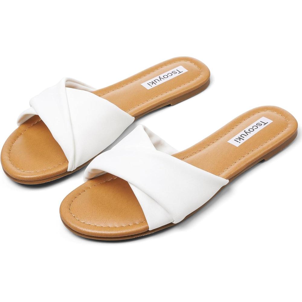imageTscoyuki Slides Sandals for Women Basic Slip On Flat Sandals Open Toe Comfort Beach Sandals Slippers for Casual Dressy SummerWhite