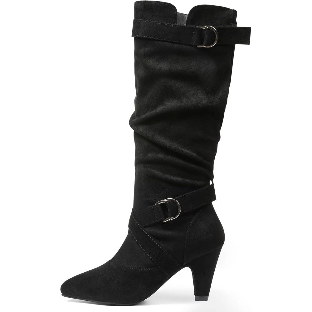 imageTscoyuki Slouchy Knee High Boots Women Fall Boots for Women 2024 Buckle Strap Kitten Heel Suede Winter Boots Long Tall Dress BootsBlack Suede