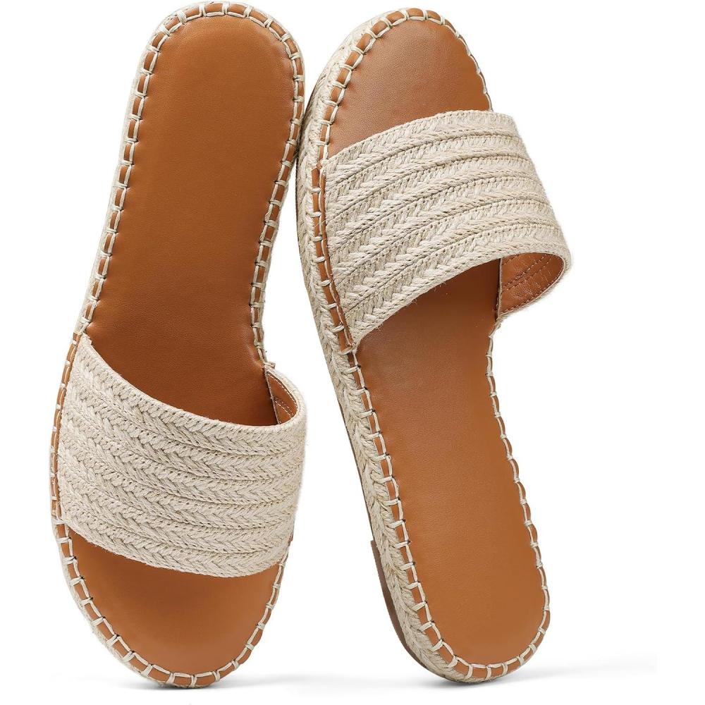 imageTscoyuki Womens Flat Sandals Dressy Summer Slip On Resort Womens Sandals Raffia Beach Sandals Open Toe Espadrille SlidesApricot