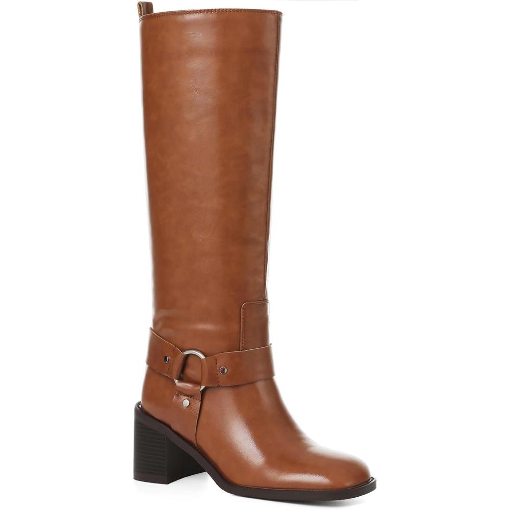 imageTscoyuki Womens Knee High Boots Chunky Heel Square Toe Tall Boots for Women Wide Calf Slip On Motorcycle Riding BootsBrown
