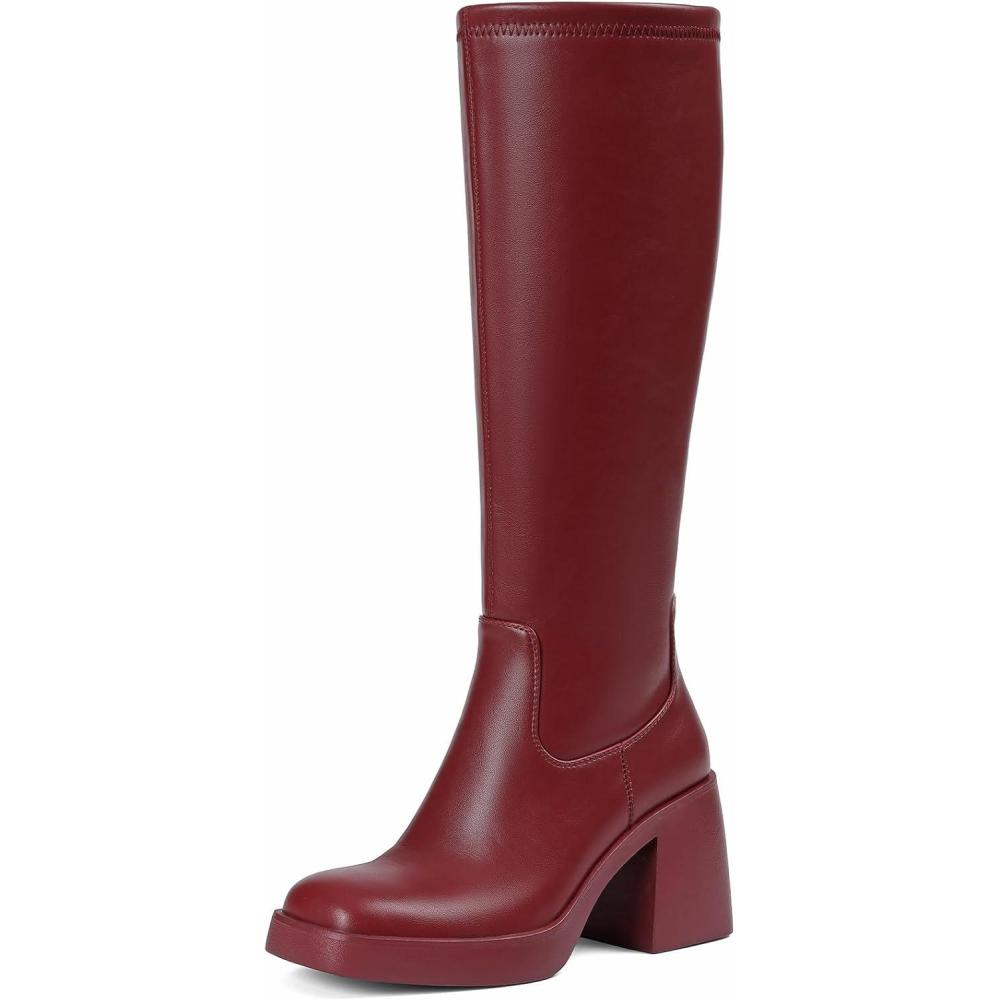 imageTscoyuki Womens Knee High Boots Square Toe Platform Boots  Half Zipper Chunky Heel Tall Boots for WomenBurgundy