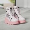 Tscoyuki Platform Ankle Boots for Women Chunky High Heel Booties Goth Round Toe Combat Boots Women Lace Up Motorcycle Wedges(1-pink)