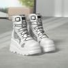Tscoyuki Platform Ankle Boots for Women Chunky High Heel Booties Goth Round Toe Combat Boots Women Lace Up Motorcycle Wedges(1-white)