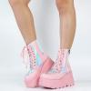 Tscoyuki Platform Ankle Boots for Women Chunky High Heel Booties Goth Round Toe Combat Boots Women Lace Up Motorcycle Wedges(3-pink)