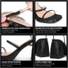 Tscoyuki Platform Heels for Women Sparkly Rhinestone Strappy Heels Sandals Chunky Heel Ankle Strap Square Open Toe Y2K Dress Shoes for Wedding Party Evening Dance(Black Rhinestones)