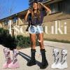 Tscoyuki Womens Goth Platform Boots Chunky Wedge Heel Rave Combat Boots Lace Up and Zipper Round Toe Mid Calf Boot for Concert Festival(Black)