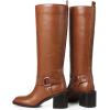 Tscoyuki Women’s Knee High Boots, Chunky Heel Square Toe Tall Boots for Women Wide Calf Slip On Motorcycle Riding Boots(Brown)