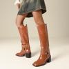 Tscoyuki Women’s Knee High Boots, Chunky Heel Square Toe Tall Boots for Women Wide Calf Slip On Motorcycle Riding Boots(Brown)