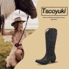 Tscoyuki Women’s Rhinestones Western Knee High Boots, Embroidery Pointed Toe Chunky Block Heel Cowboy Cowgirl Mid Calf Boots with Pull On Taps(Black)