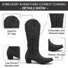 Tscoyuki Women’s Rhinestones Western Knee High Boots, Embroidery Pointed Toe Chunky Block Heel Cowboy Cowgirl Mid Calf Boots with Pull On Taps(Black)