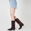 Tscoyuki Women’s Rhinestones Western Knee High Boots, Embroidery Pointed Toe Chunky Block Heel Cowboy Cowgirl Mid Calf Boots with Pull On Taps(Black# Red)