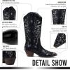 Tscoyuki Women’s Rhinestones Western Knee High Boots, Embroidery Pointed Toe Chunky Block Heel Cowboy Cowgirl Mid Calf Boots with Pull On Taps(Silver Black)