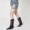 Tscoyuki Women’s Rhinestones Western Knee High Boots, Embroidery Pointed Toe Chunky Block Heel Cowboy Cowgirl Mid Calf Boots with Pull On Taps(Silver Black)