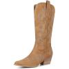 Tscoyuki Cowboy Boots for Women: Embroidered Western Knee High Boots Women – Pointed Toe Chunky Heel Cowgirl Tall Boots(Tan)