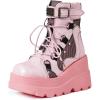 Tscoyuki Platform Ankle Boots for Women Chunky High Heel Booties Goth Round Toe Combat Boots Women Lace Up Motorcycle Wedges(1-pink)