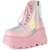 Tscoyuki Platform Ankle Boots for Women Chunky High Heel Booties Goth Round Toe Combat Boots Women Lace Up Motorcycle Wedges(3-pink)