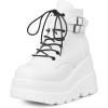 Tscoyuki Platform Ankle Boots for Women Chunky High Heel Booties Goth Round Toe Combat Boots Women Lace Up Motorcycle Wedges(4-white)