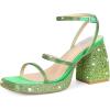 Tscoyuki Platform Heels for Women Sparkly Rhinestone Strappy Heels Sandals Chunky Heel Ankle Strap Square Open Toe Y2K Dress Shoes for Wedding Party Evening Dance(Green Rhinestones)