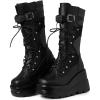 Tscoyuki Womens Goth Platform Boots Chunky Wedge Heel Rave Combat Boots Lace Up and Zipper Round Toe Mid Calf Boot for Concert Festival(Black)