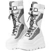 Tscoyuki Womens Goth Platform Boots Chunky Wedge Heel Rave Combat Boots Lace Up and Zipper Round Toe Mid Calf Boot for Concert Festival(White)
