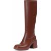 Tscoyuki Women’s Knee High Boots, Square Toe Platform Boots – Half Zipper Chunky Heel Tall Boots for Women(Brown)