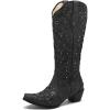 Tscoyuki Women’s Rhinestones Western Knee High Boots, Embroidery Pointed Toe Chunky Block Heel Cowboy Cowgirl Mid Calf Boots with Pull On Taps(Black)