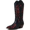 Tscoyuki Women’s Rhinestones Western Knee High Boots, Embroidery Pointed Toe Chunky Block Heel Cowboy Cowgirl Mid Calf Boots with Pull On Taps(Black# Red)
