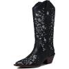 Tscoyuki Women’s Rhinestones Western Knee High Boots, Embroidery Pointed Toe Chunky Block Heel Cowboy Cowgirl Mid Calf Boots with Pull On Taps(Silver Black)