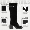 Tscoyuki Women Knee High Boots Square Toe and Chunky Block Heel Suede Boots with Half Side Zipper(Black Suede)