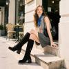 Tscoyuki Women Knee High Boots Square Toe and Chunky Block Heel Suede Boots with Half Side Zipper(Black Suede)
