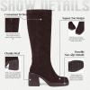 Tscoyuki Women Knee High Boots Square Toe and Chunky Block Heel Suede Boots with Half Side Zipper(Chocolate Suede)