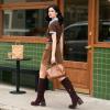 Tscoyuki Women Knee High Boots Square Toe and Chunky Block Heel Suede Boots with Half Side Zipper(Chocolate Suede)