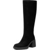 Tscoyuki Women Knee High Boots Square Toe and Chunky Block Heel Suede Boots with Half Side Zipper(Black Suede)