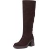 Tscoyuki Women Knee High Boots Square Toe and Chunky Block Heel Suede Boots with Half Side Zipper(Chocolate Suede)