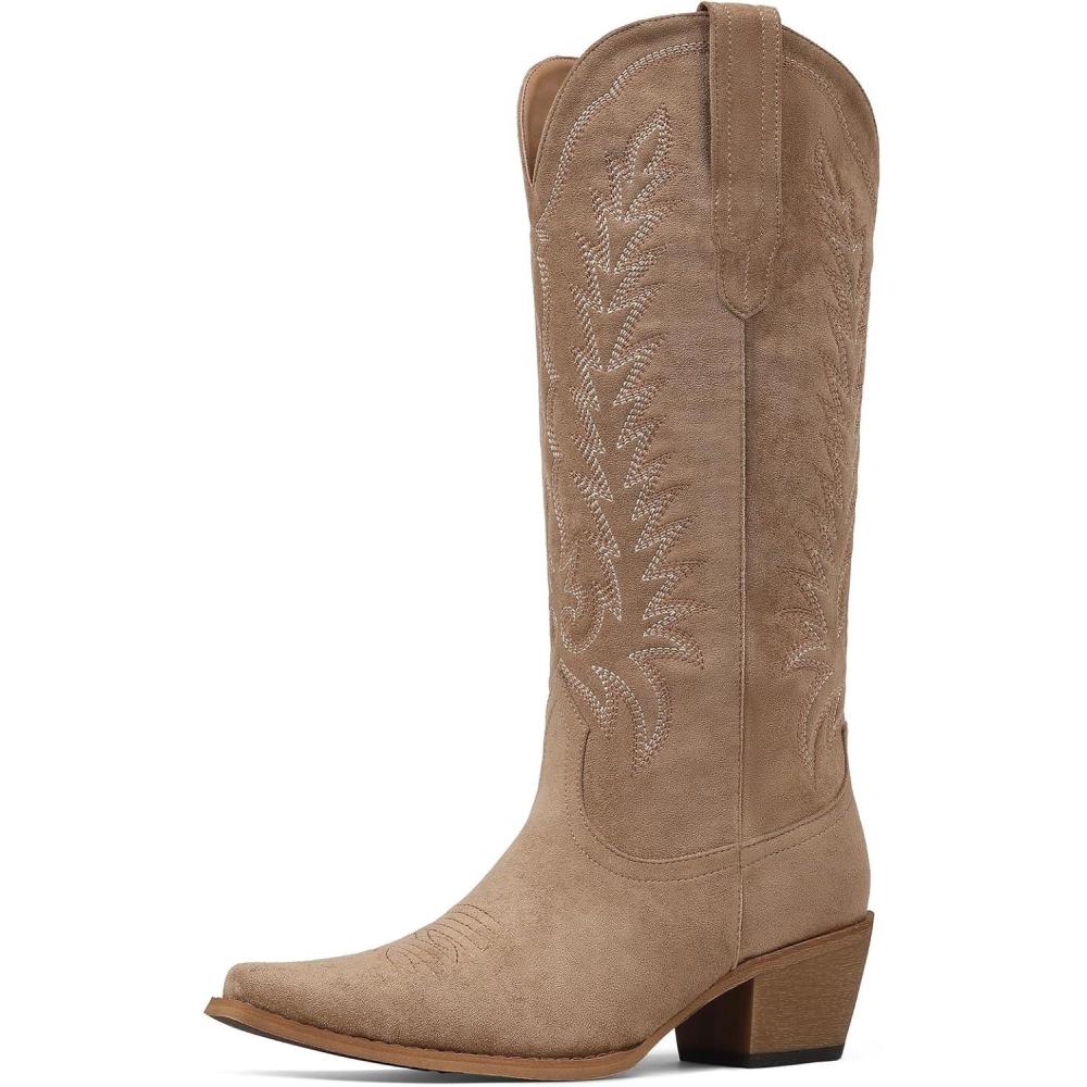 image:imageTscoyuki Cowboy Boots for Women Embroidered Western Knee High Boots Women Pointed Toe Chunky Heel Cowgirl Tall BootsCamel
