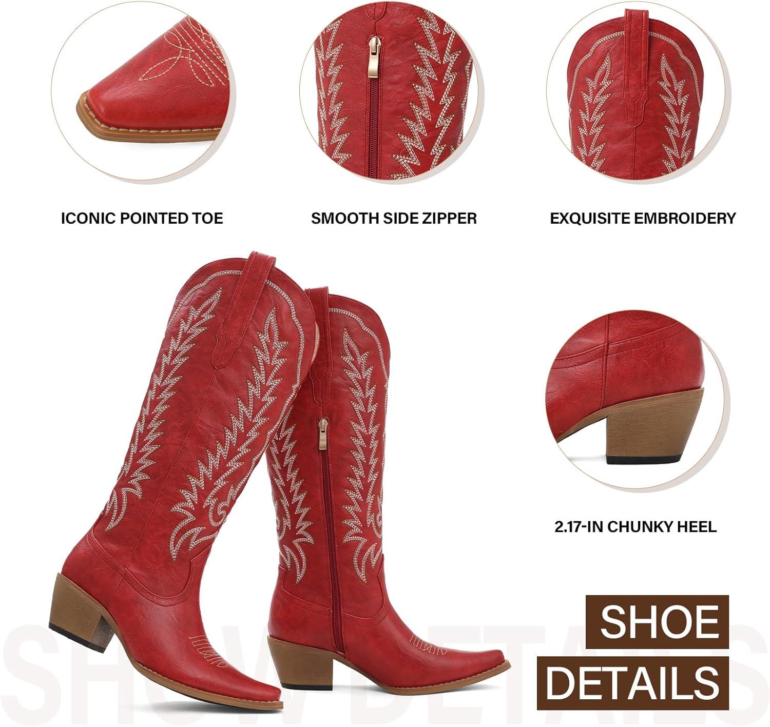 image:imageTscoyuki Womens Cowboy Boots Knee High Western Cowgirl Boots Comfortable Chunky Heel Classic Embroidery Pointed Toe Side Zipper amp Pull On Tabs for Concert Rodeo amp Country FestivalRed