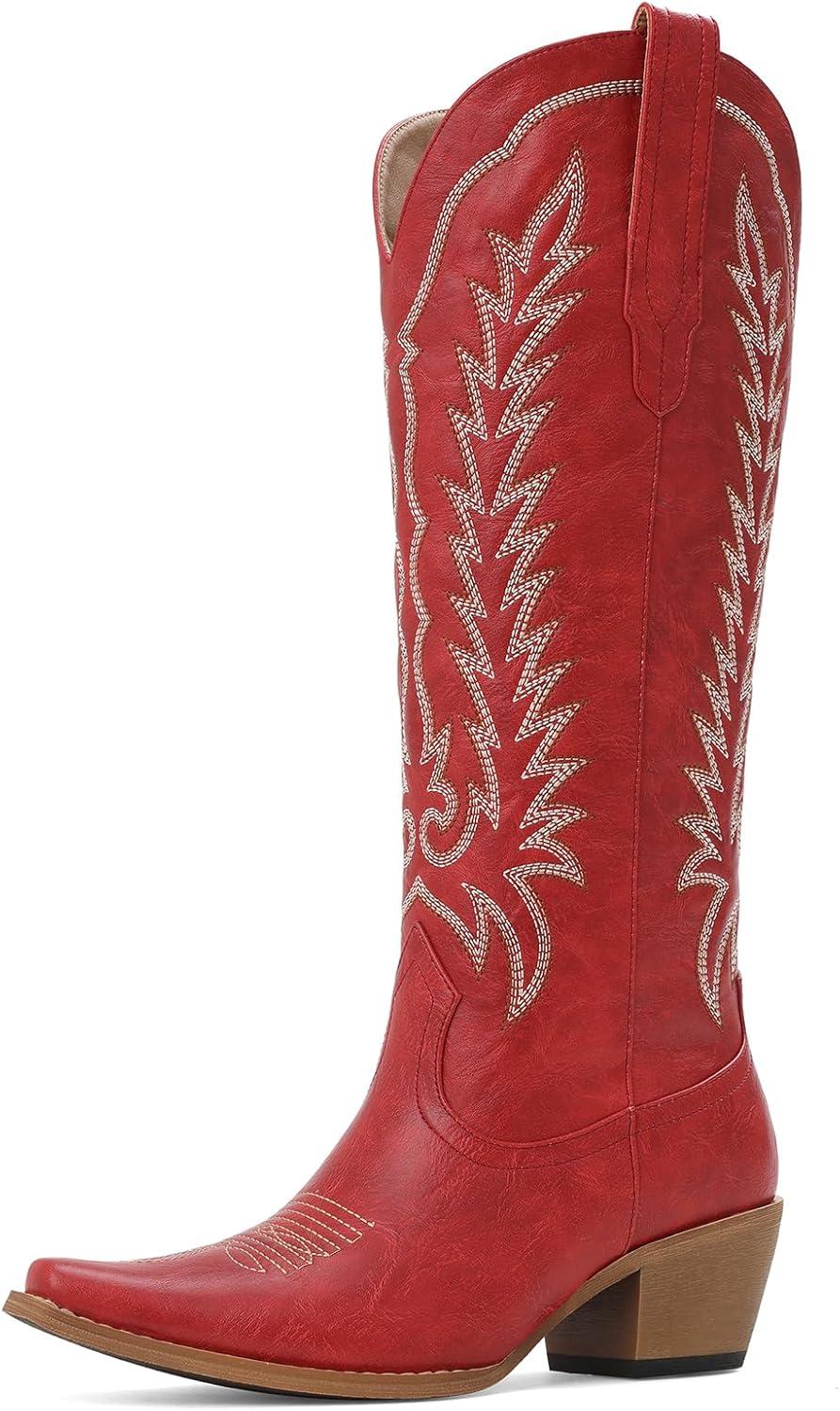 image:imageTscoyuki Womens Cowboy Boots Knee High Western Cowgirl Boots Comfortable Chunky Heel Classic Embroidery Pointed Toe Side Zipper amp Pull On Tabs for Concert Rodeo amp Country FestivalRed