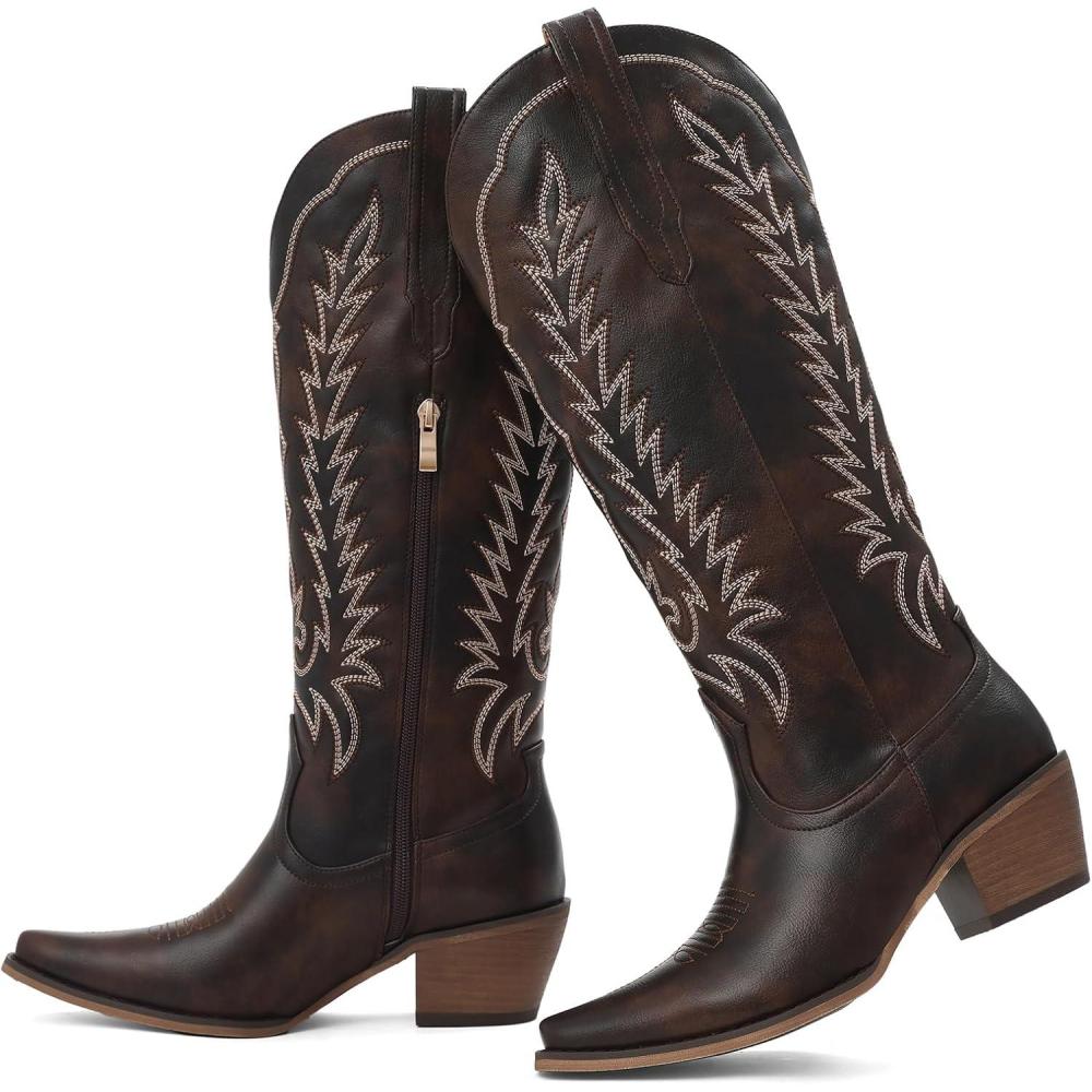 image:imageTscoyuki Womens Cowboy Boots Knee High Western Cowgirl Boots Comfortable Chunky Heel Classic Embroidery Pointed Toe Side Zipper amp Pull On Tabs for Concert Rodeo amp Country FestivalVintage Dark Chocolate Brown