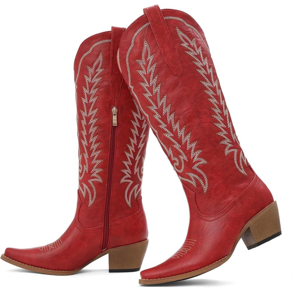 image:imageTscoyuki Womens Cowboy Boots Knee High Western Cowgirl Boots Comfortable Chunky Heel Classic Embroidery Pointed Toe Side Zipper amp Pull On Tabs for Concert Rodeo amp Country FestivalRed