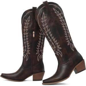 Tscoyuki Womens Cowboy Boots | Knee High Western Cowgirl Boots, Comfortable Chunky Heel, Classic Embroidery, Pointed Toe, Side Zipper & Pull On Tabs for Concert, Rodeo & Country Festival(Vintage Dark Chocolate Brown)